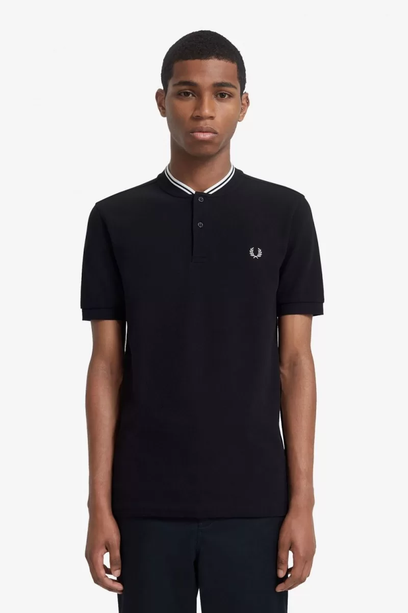 Fred Perry Bomber Collar Mens Polo Shirt Black CZBNH7801 - Fred Perry Bomber Collar Men's Polo Shirt Black | CZBNH7801
