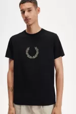 Fred Perry Flocked Laurel Wreath Men’s T-Shirt Black Warm Grey | GFPHV8769