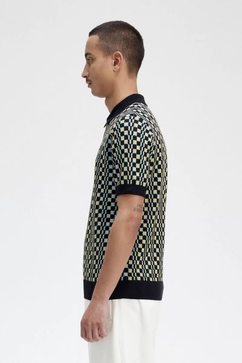 Fred Perry Glitch Chequerboard Knitted Mens Shirt Light Mint Black AIYOU6104 1 - Fred Perry Glitch Chequerboard Knitted Men's Shirt Light Mint Black | AIYOU6104