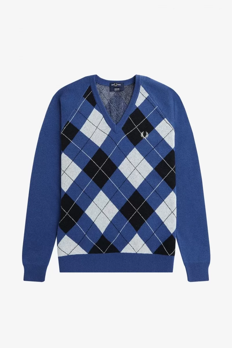 Fred Perry Lambswool Argyle V Neck Mens Jumper Cobalt PVNRD7345 1 - Fred Perry Lambswool Argyle V-Neck Men's Jumper Cobalt | PVNRD7345
