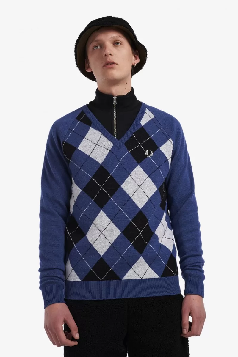 Fred Perry Lambswool Argyle V Neck Mens Jumper Cobalt PVNRD7345 - Fred Perry Lambswool Argyle V-Neck Men's Jumper Cobalt | PVNRD7345