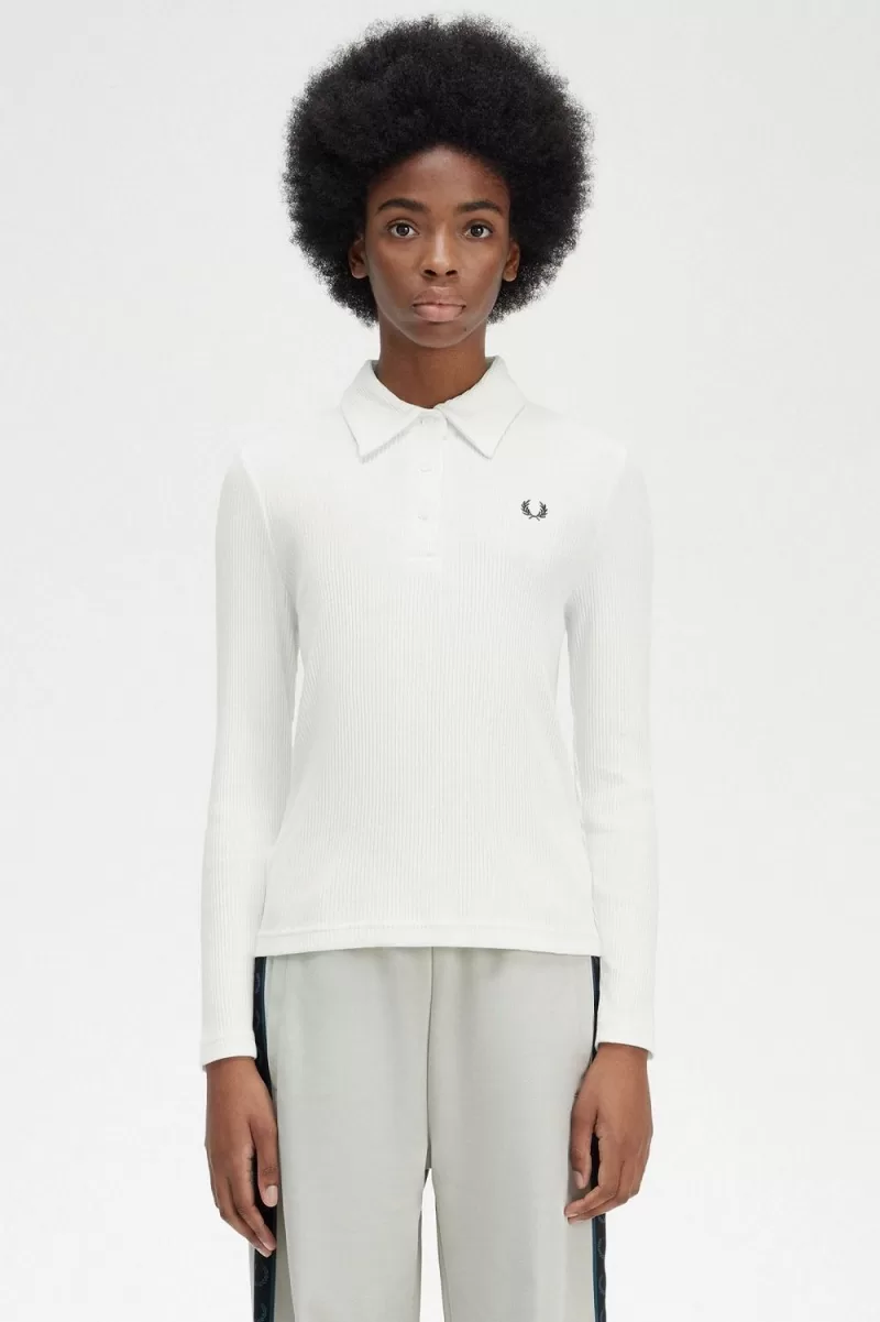 Fred Perry Long Sleeve Ribbed Women’s Polo Shirt Snow White | MPDJW6439 Fred Perry Long Sleeve Ribbed Women’s Polo Shirt Snow White | MPDJW6439