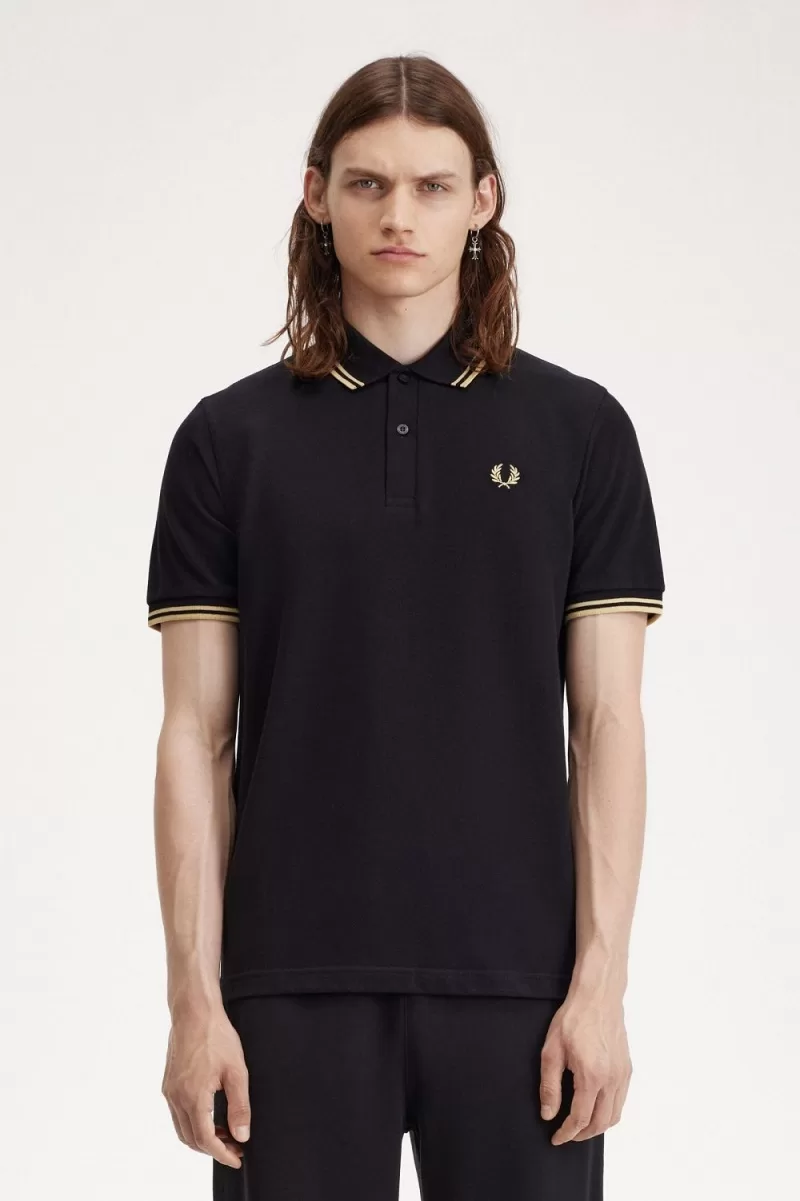 Fred Perry Osaka M12 Men’s Polo Shirt Black Champagne | QDHTN6709 Fred Perry Osaka M12 Men’s Polo Shirt Black Champagne | QDHTN6709